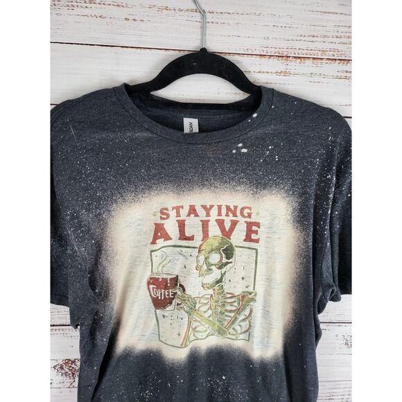 Gildan Soft Style Skeleton T Shirt L Womens Staying Alive Dark Grey Bleach Look - Picture 2 of 6